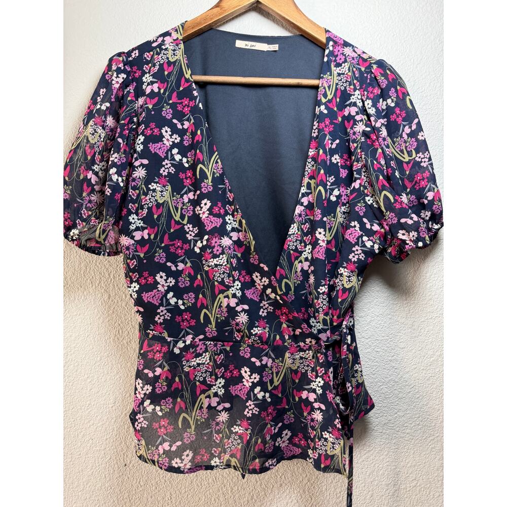 Mi Ami Floral Wrap Blouse XL Navy Pink Puff Sleeve Cottagecore Top